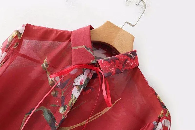 High Street Lace Up Red Floral Printing Tops