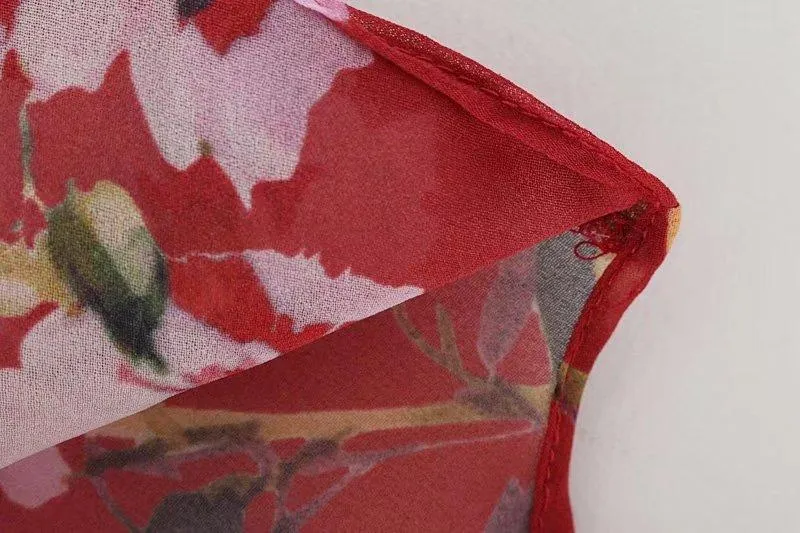 High Street Lace Up Red Floral Printing Tops