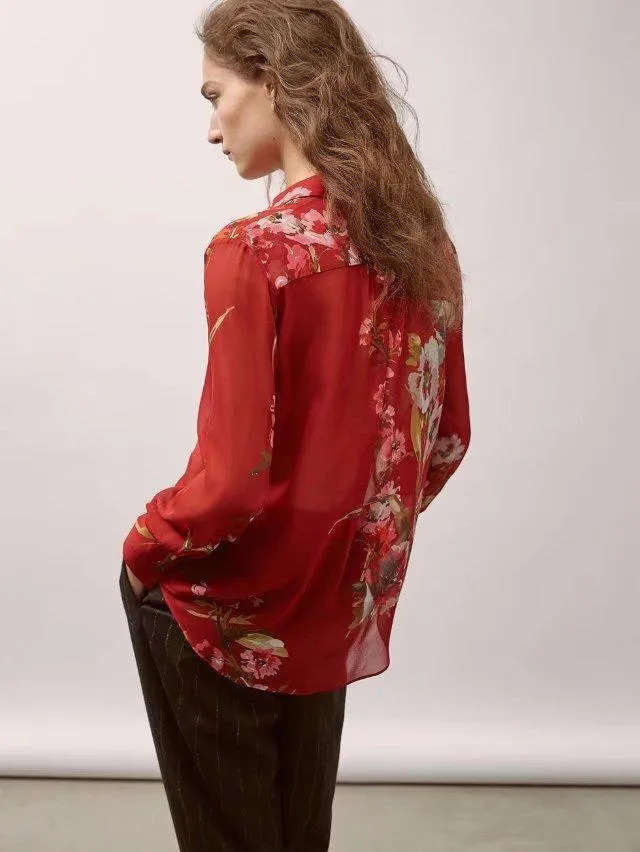 High Street Lace Up Red Floral Printing Tops