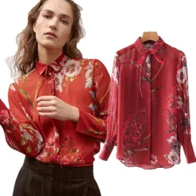 High Street Lace Up Red Floral Printing Tops