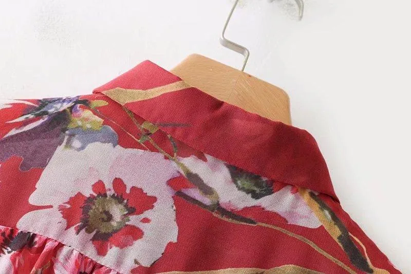 High Street Lace Up Red Floral Printing Tops