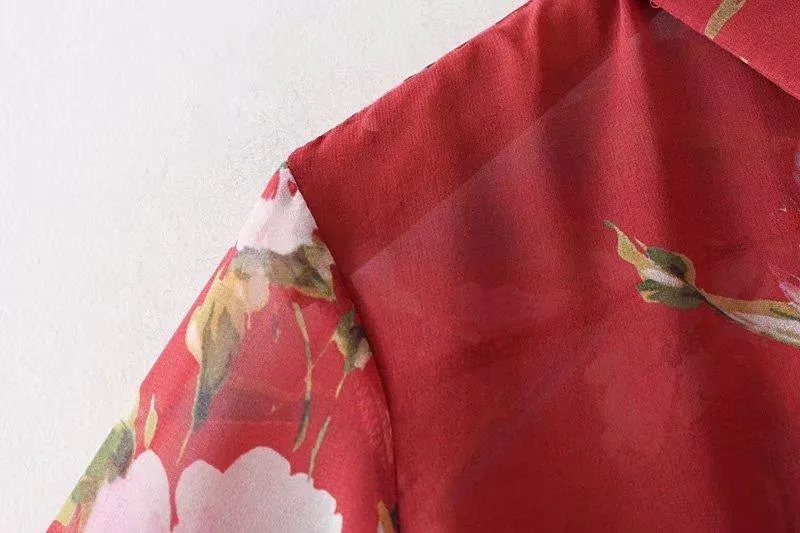 High Street Lace Up Red Floral Printing Tops