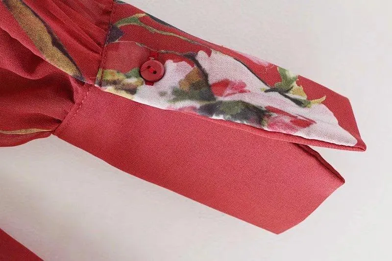 High Street Lace Up Red Floral Printing Tops
