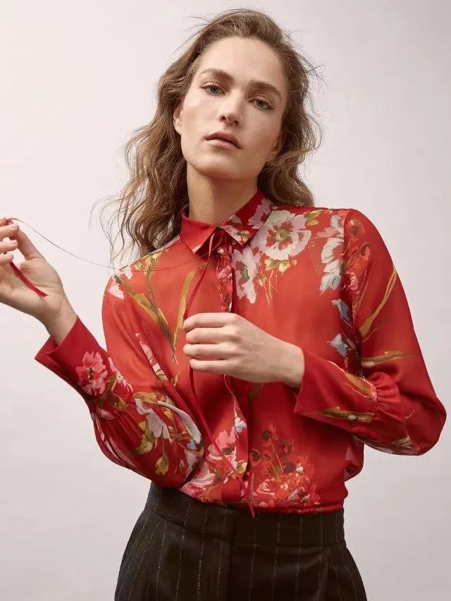 High Street Lace Up Red Floral Printing Tops