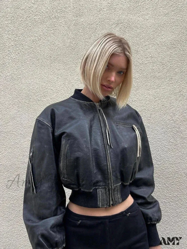 High Street PU Leather Cropped Fashion Short Bomber Long Sleeve Zip Closure Jacket