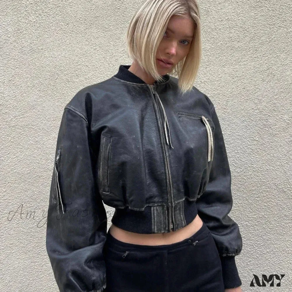 High Street PU Leather Cropped Fashion Short Bomber Long Sleeve Zip Closure Jacket