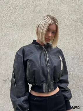 High Street PU Leather Cropped Fashion Short Bomber Long Sleeve Zip Closure Jacket
