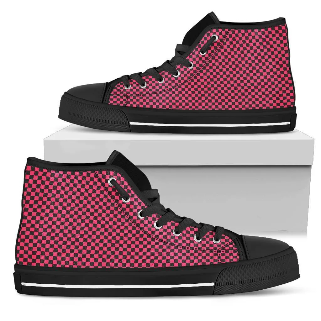 High Top Sneakers - Black and Pink Checkers | Custom High Top Shoes, Patterned High Top Sneakers, High Top Sneakers for Women, Unisex Shoes