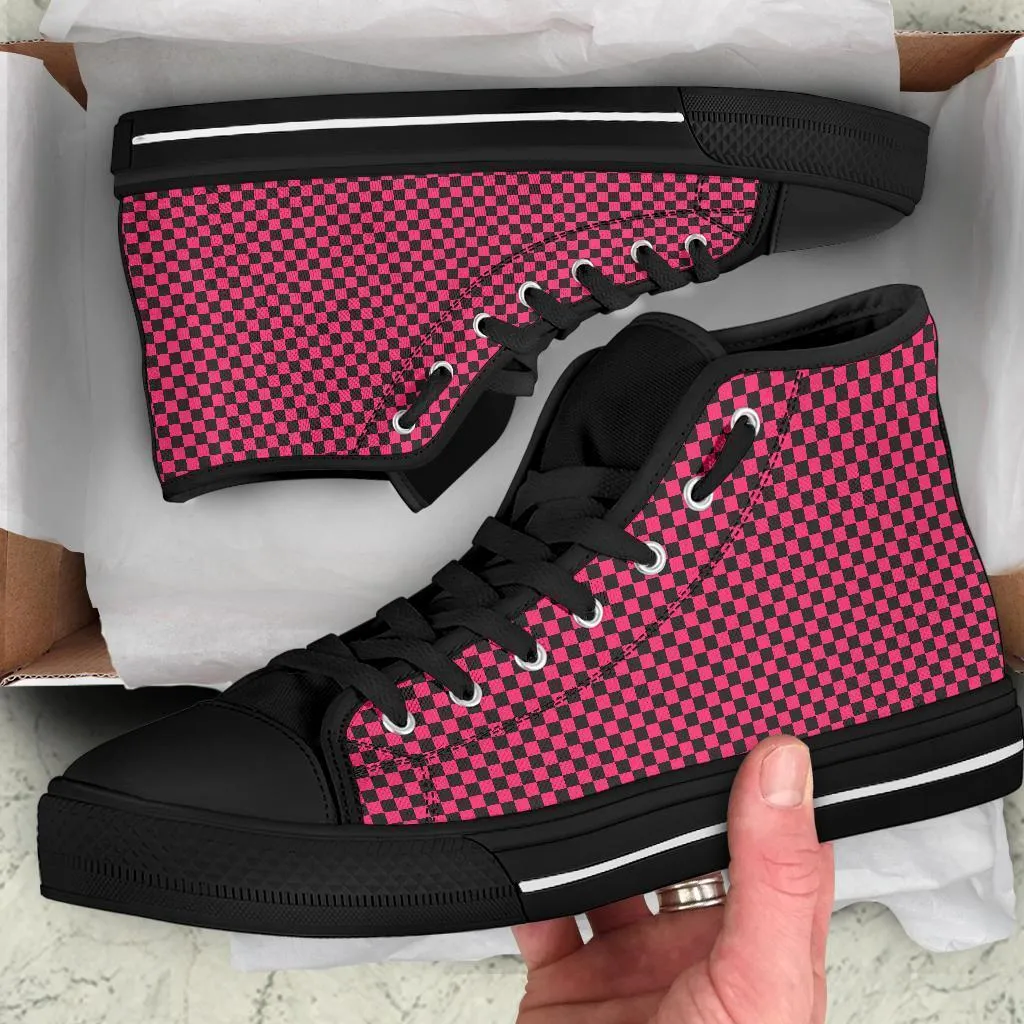 High Top Sneakers - Black and Pink Checkers | Custom High Top Shoes, Patterned High Top Sneakers, High Top Sneakers for Women, Unisex Shoes