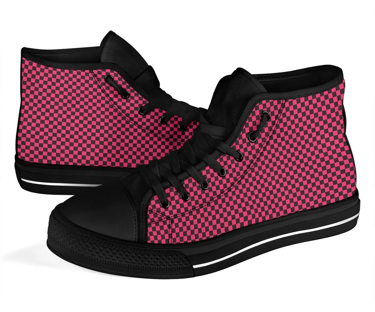 High Top Sneakers - Black and Pink Checkers | Custom High Top Shoes, Patterned High Top Sneakers, High Top Sneakers for Women, Unisex Shoes