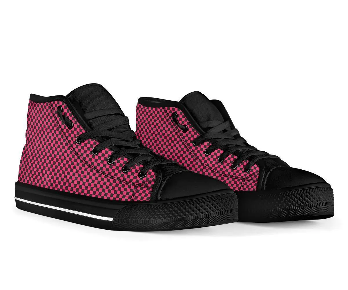High Top Sneakers - Black and Pink Checkers | Custom High Top Shoes, Patterned High Top Sneakers, High Top Sneakers for Women, Unisex Shoes
