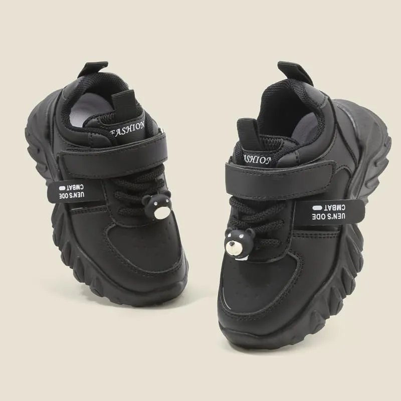 Kids Athletic Sneakers, Black Chunky Platform Shoes with Hook and Loop Strap, Non-Slip Sole