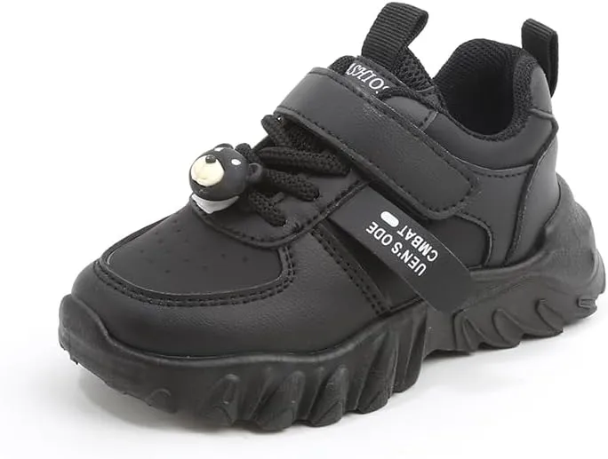 Kids Athletic Sneakers, Black Chunky Platform Shoes with Hook and Loop Strap, Non-Slip Sole
