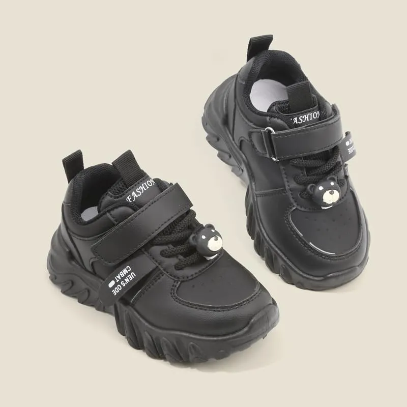 Kids Athletic Sneakers, Black Chunky Platform Shoes with Hook and Loop Strap, Non-Slip Sole