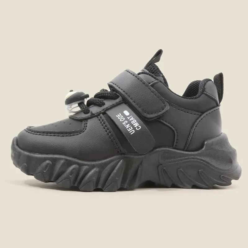 Kids Athletic Sneakers, Black Chunky Platform Shoes with Hook and Loop Strap, Non-Slip Sole