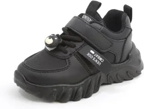 Kids Athletic Sneakers, Black Chunky Platform Shoes with Hook and Loop Strap, Non-Slip Sole