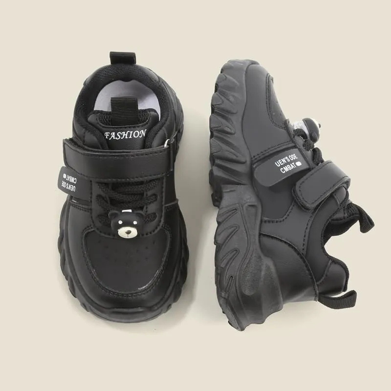 Kids Athletic Sneakers, Black Chunky Platform Shoes with Hook and Loop Strap, Non-Slip Sole