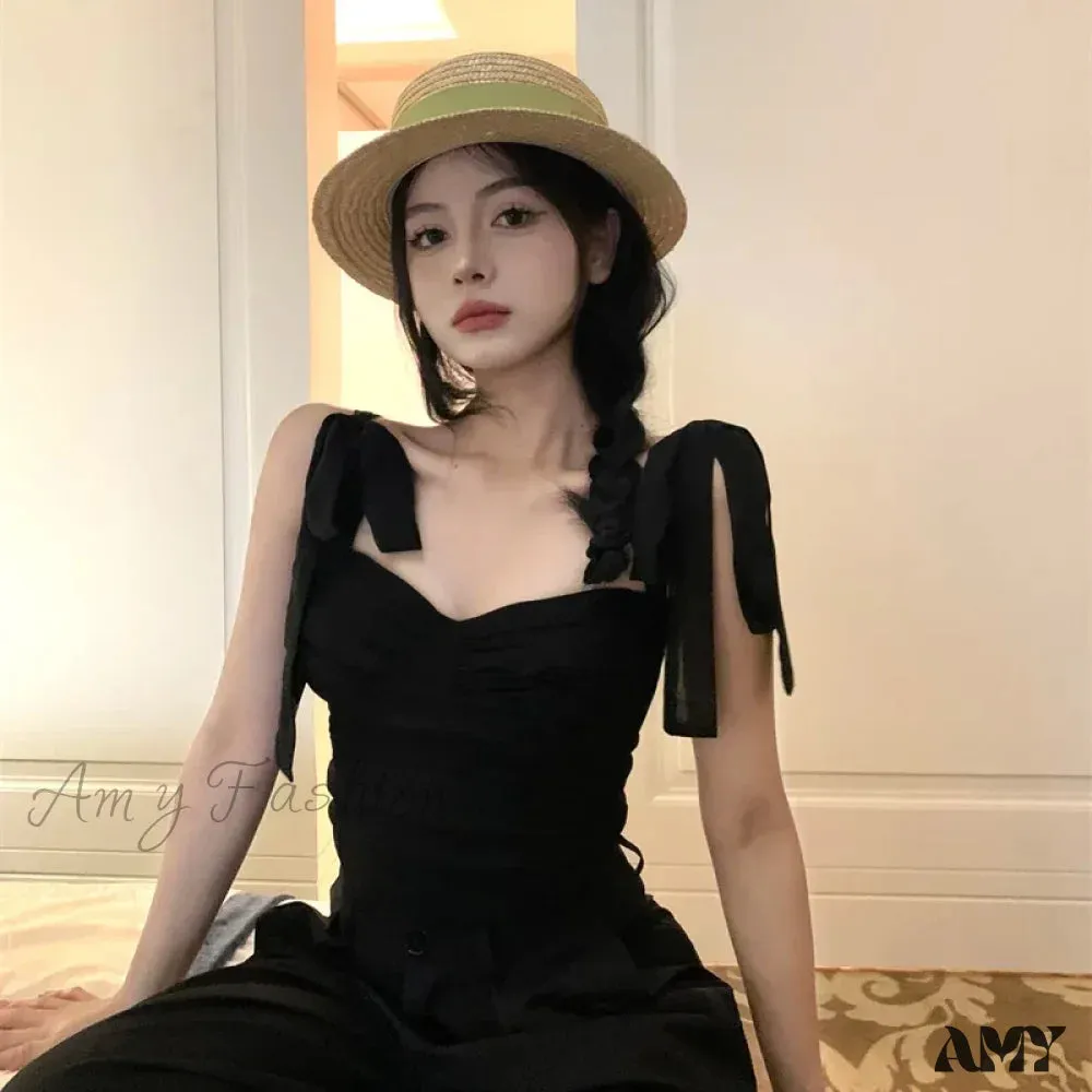 Lace-up Vintage Black Chic Party All-match Slim Cozy Y2k Ins Fashion Holiday Crop Top