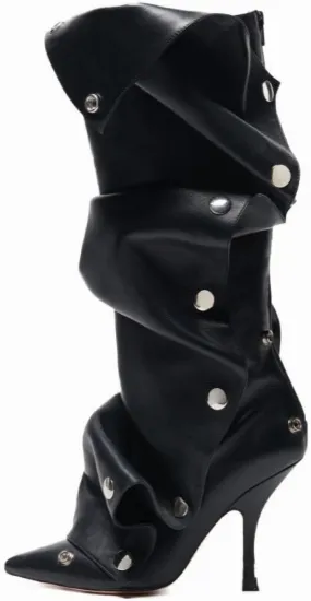 LISHAN Women's Ruched Knee High Heel Slouchy Boots with Zipper