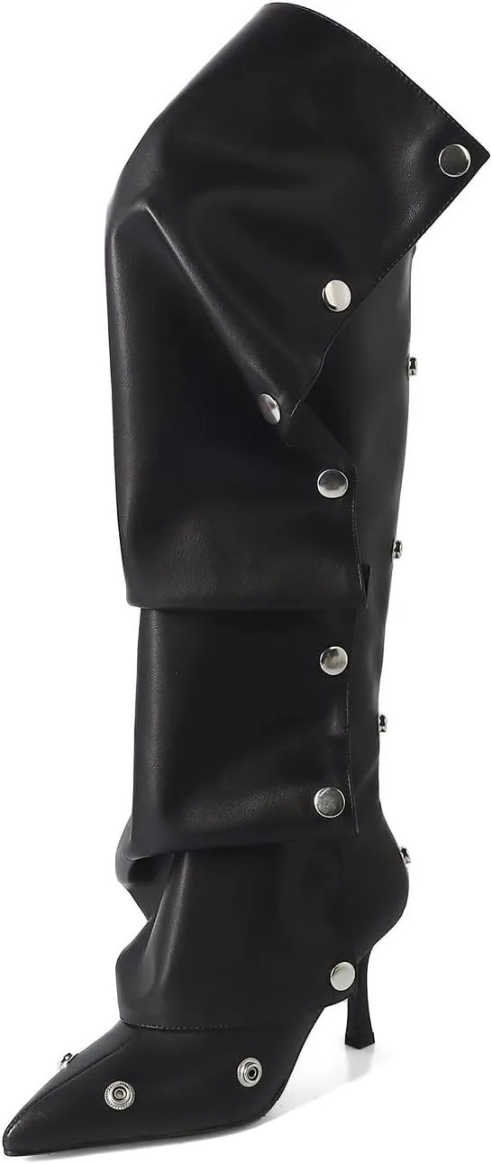 LISHAN Women's Ruched Knee High Heel Slouchy Boots with Zipper