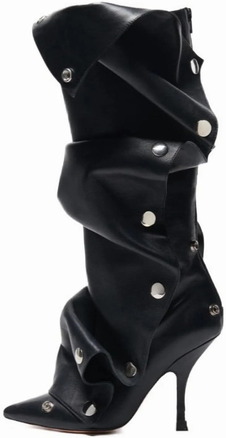 LISHAN Women's Ruched Knee High Heel Slouchy Boots with Zipper