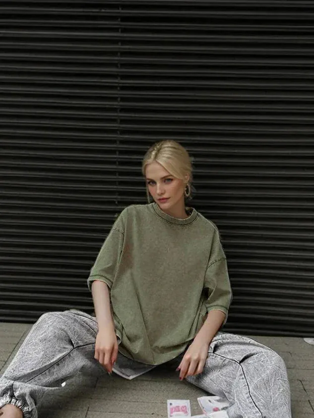 Loose Summer Old Casual Washed Minimalist Short Sleeve Cotton Women's T-shirt