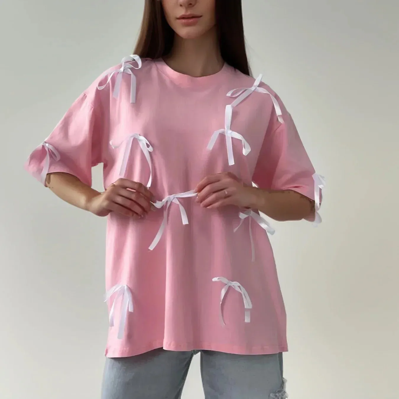 New Korean Draped Casual Short Sleeve Female Fashion Lace Bow Design Women's T-shirt