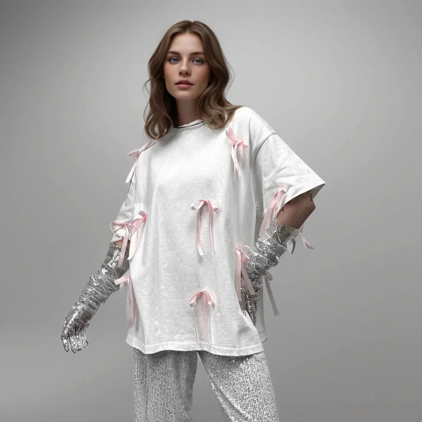 New Korean Draped Casual Short Sleeve Female Fashion Lace Bow Design Women's T-shirt