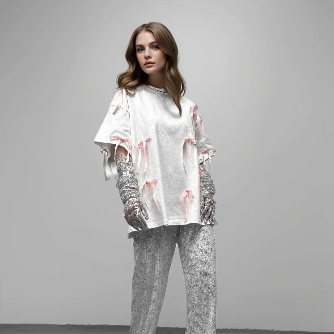 New Korean Draped Casual Short Sleeve Female Fashion Lace Bow Design Women's T-shirt