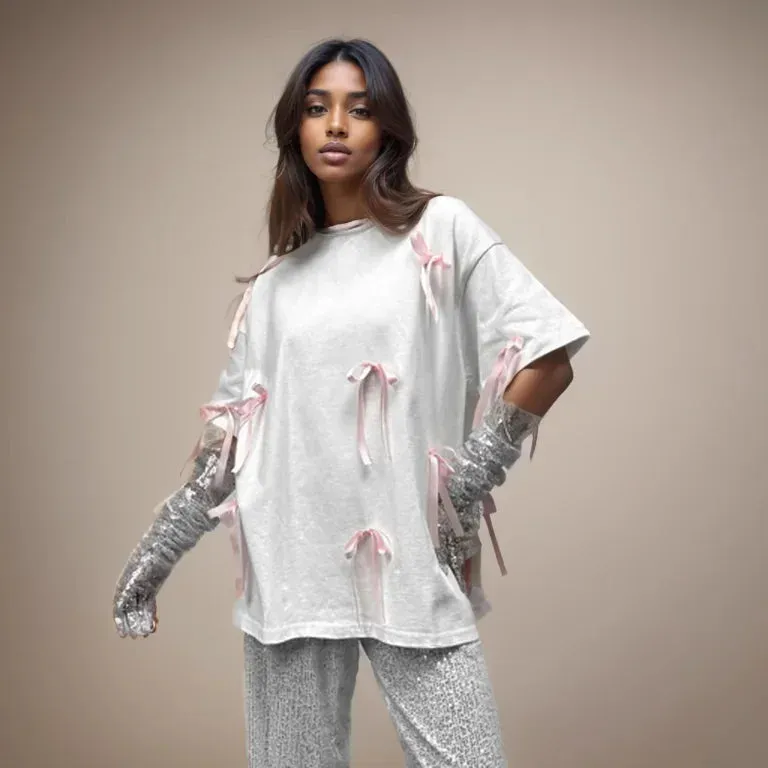 New Korean Draped Casual Short Sleeve Female Fashion Lace Bow Design Women's T-shirt