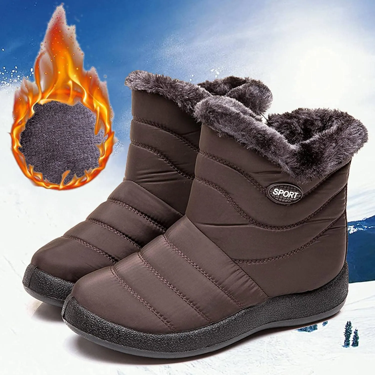oiangi Snow Boots for Women Waterproof Fashion Solid Round Toe Slip-on Platform Ankle Boots Winter Comfortable Warm Quilted Outdoor Casual Flat Shoes