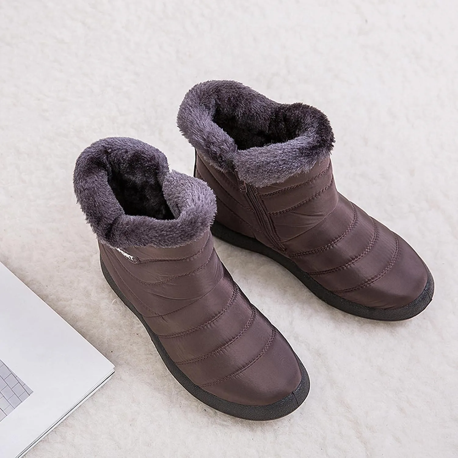 oiangi Snow Boots for Women Waterproof Fashion Solid Round Toe Slip-on Platform Ankle Boots Winter Comfortable Warm Quilted Outdoor Casual Flat Shoes