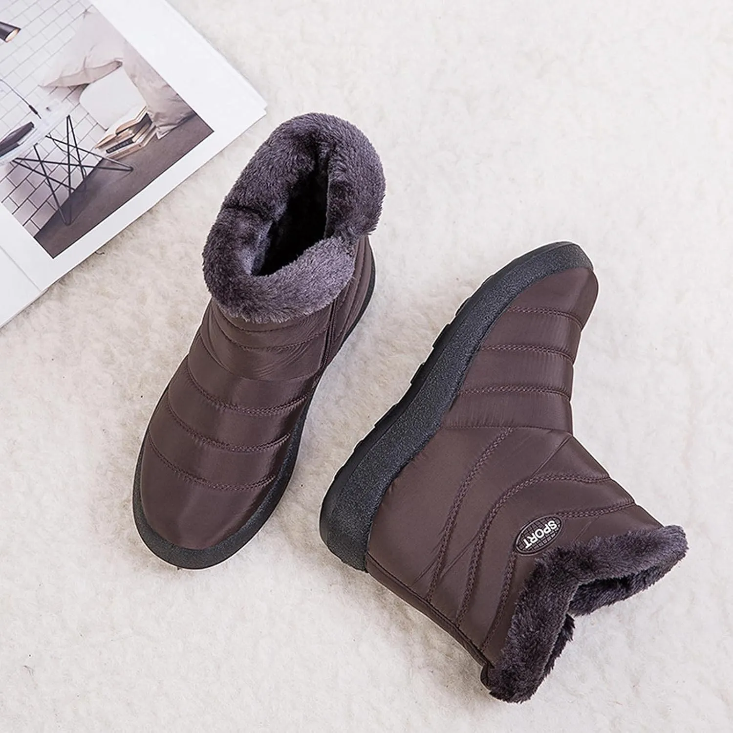 oiangi Snow Boots for Women Waterproof Fashion Solid Round Toe Slip-on Platform Ankle Boots Winter Comfortable Warm Quilted Outdoor Casual Flat Shoes