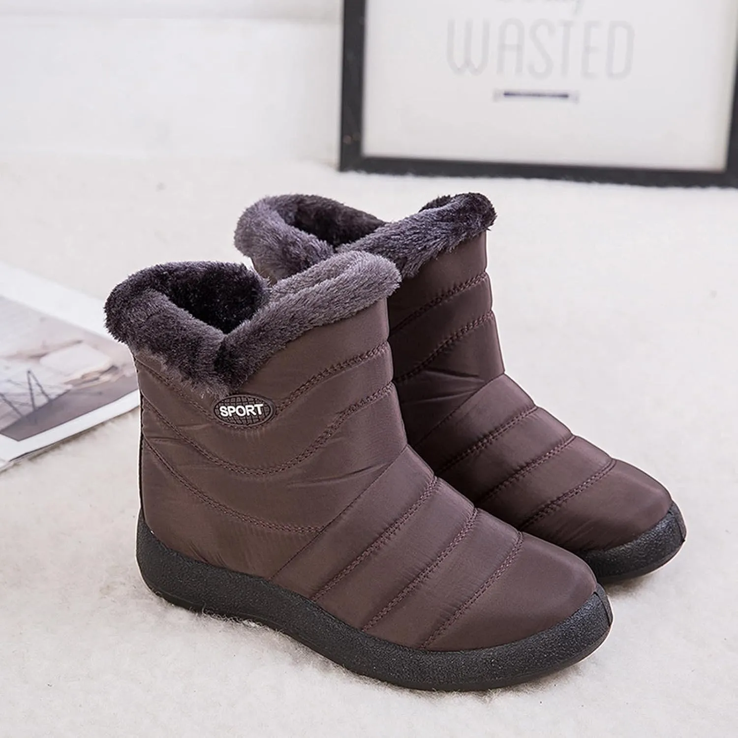 oiangi Snow Boots for Women Waterproof Fashion Solid Round Toe Slip-on Platform Ankle Boots Winter Comfortable Warm Quilted Outdoor Casual Flat Shoes
