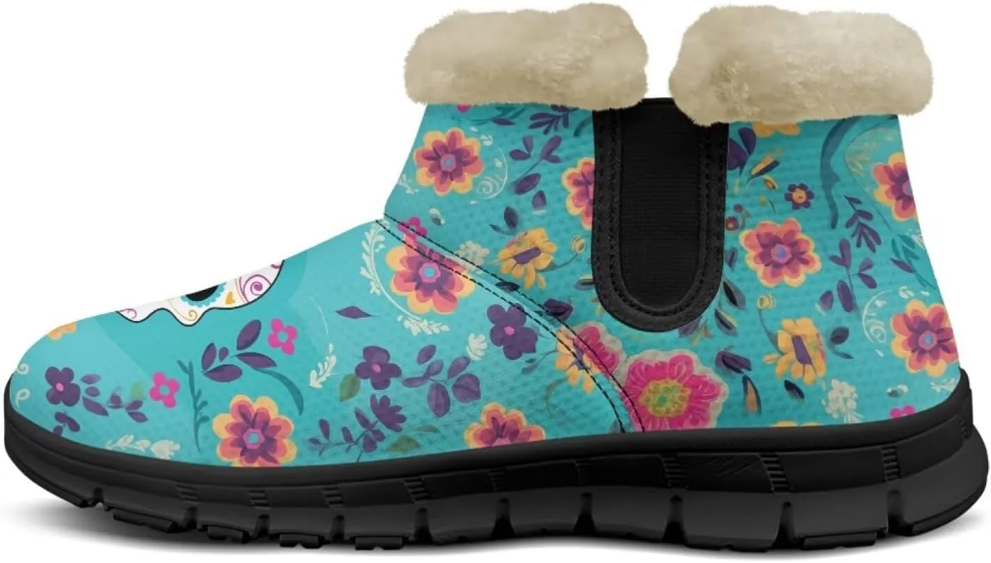 Skull Snow Boots Flat Shoes for Women Men Cozy Plush Ankle Shoe Outdoor Booties Winter Barefoot Boot