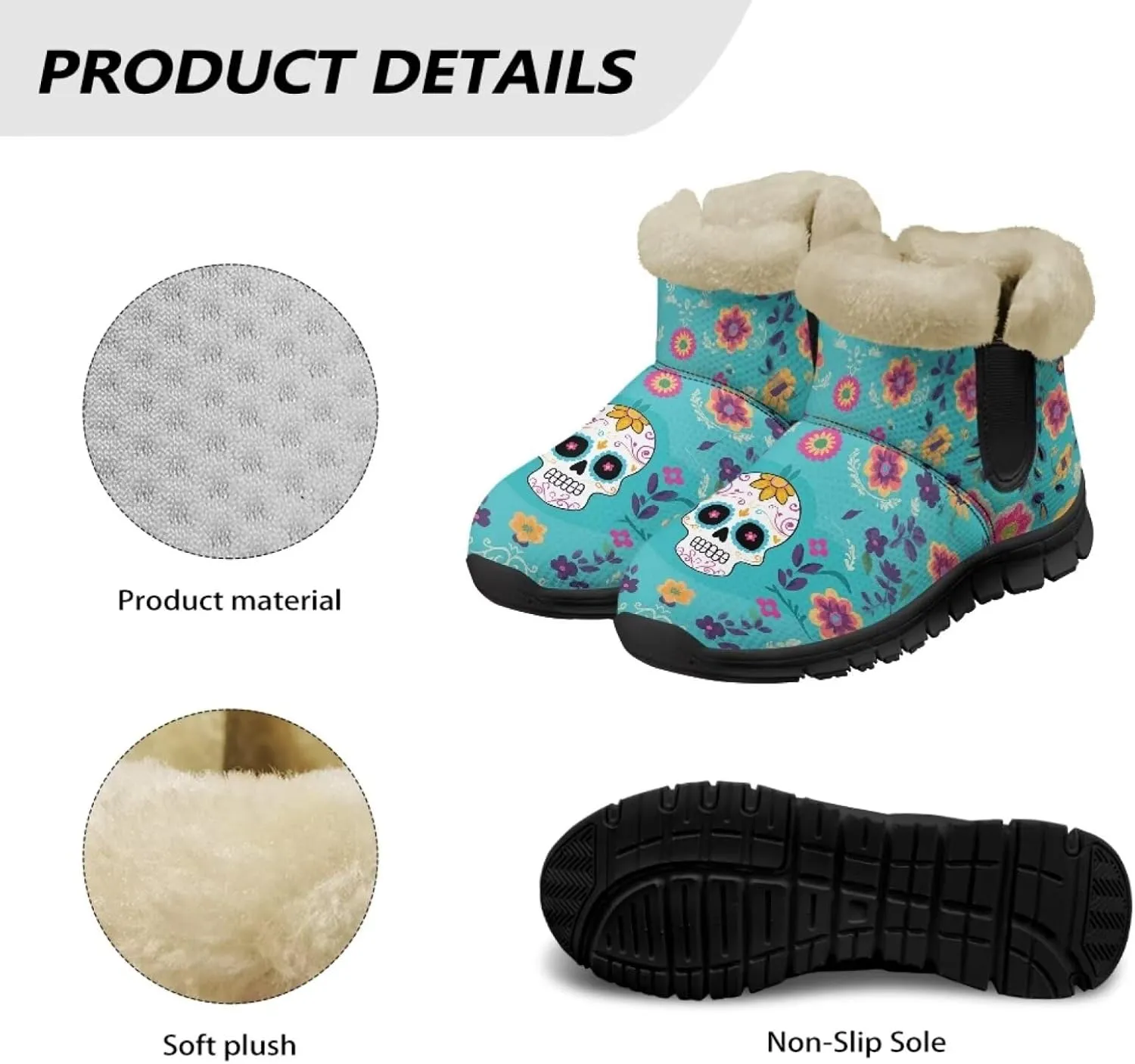 Skull Snow Boots Flat Shoes for Women Men Cozy Plush Ankle Shoe Outdoor Booties Winter Barefoot Boot