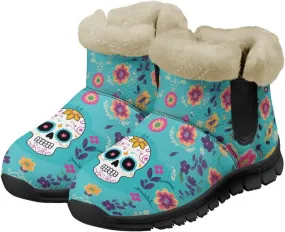 Skull Snow Boots Flat Shoes for Women Men Cozy Plush Ankle Shoe Outdoor Booties Winter Barefoot Boot
