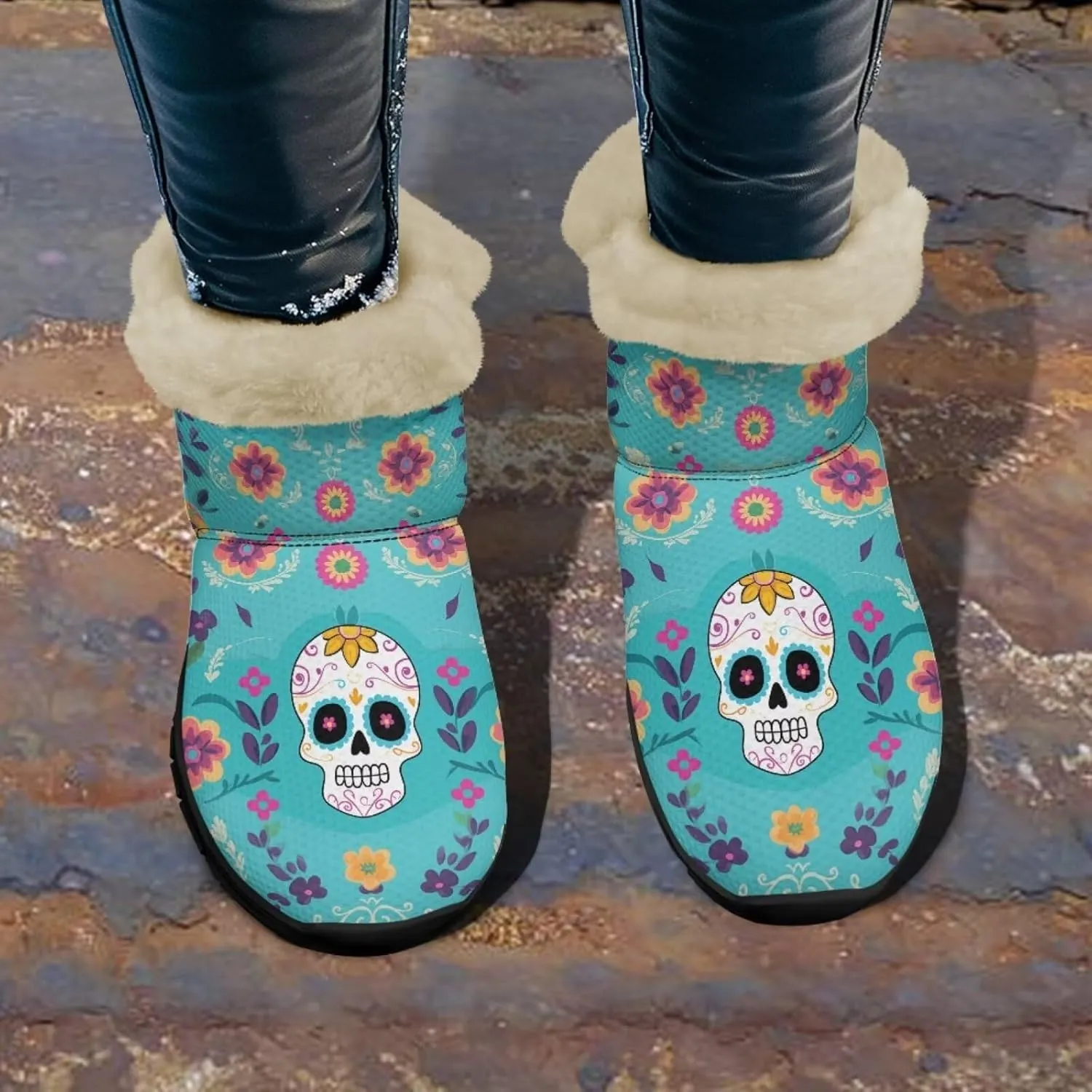 Skull Snow Boots Flat Shoes for Women Men Cozy Plush Ankle Shoe Outdoor Booties Winter Barefoot Boot