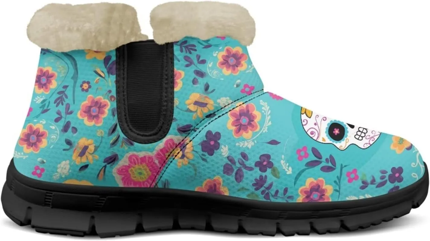 Skull Snow Boots Flat Shoes for Women Men Cozy Plush Ankle Shoe Outdoor Booties Winter Barefoot Boot