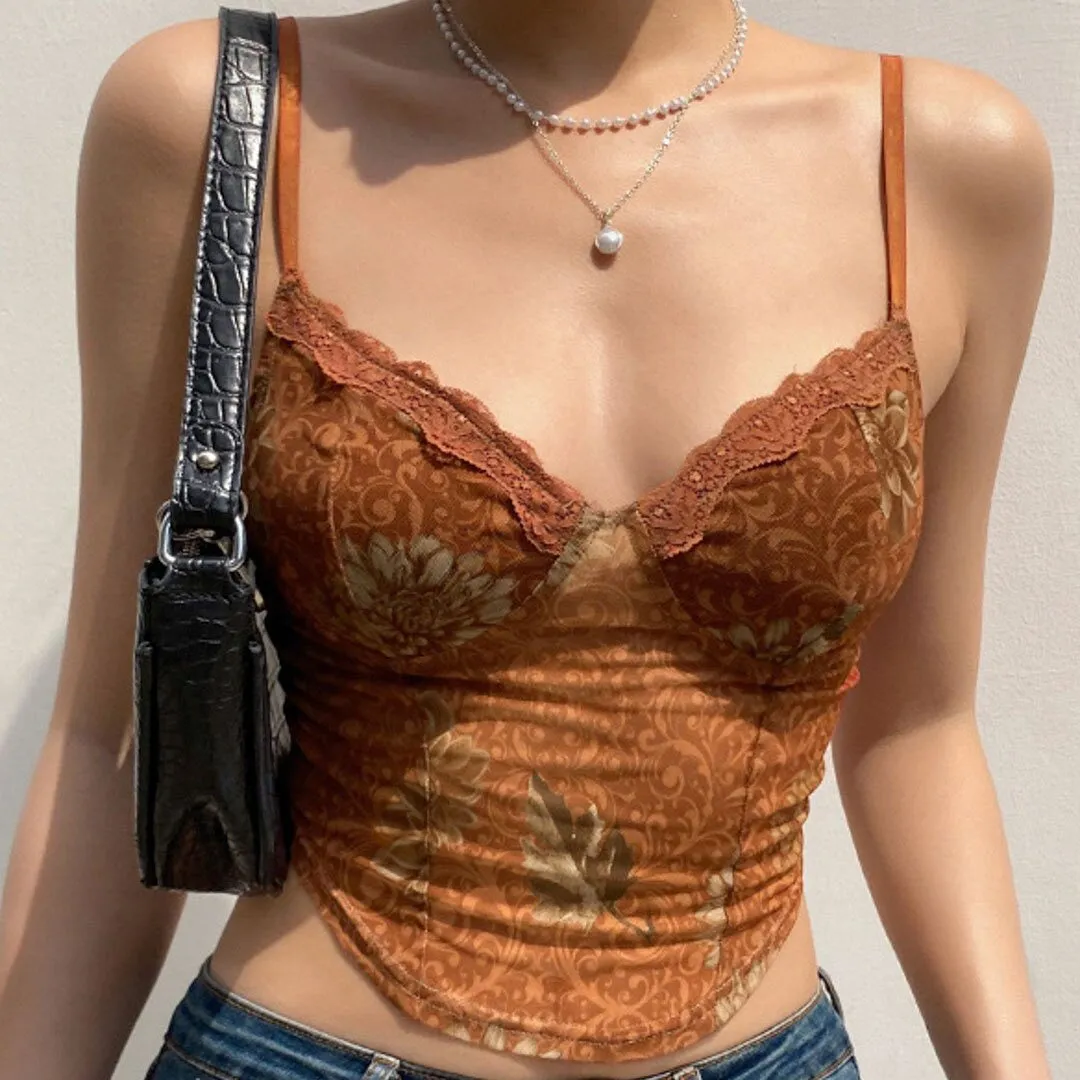 Wjczt Fashion Y2K Women&#39;s Tank Lace Trim Paisley Pattern Corset Cami Tops Basic Female Clothing High Street Autumn Women Shirt