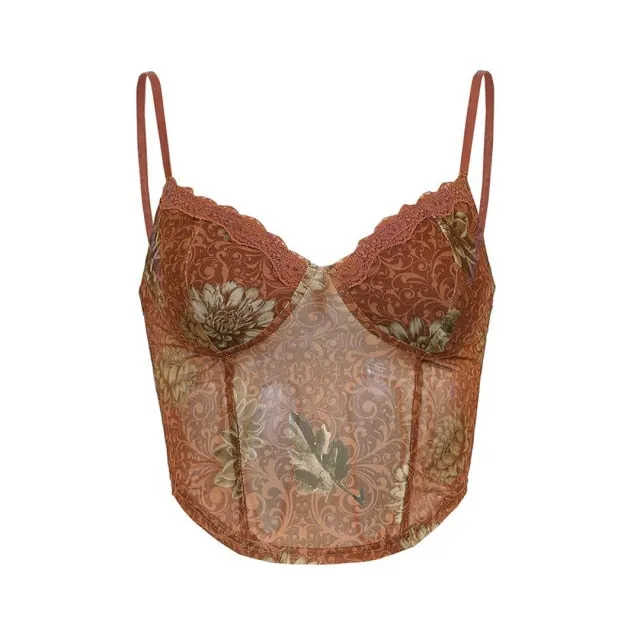 Wjczt Fashion Y2K Women&#39;s Tank Lace Trim Paisley Pattern Corset Cami Tops Basic Female Clothing High Street Autumn Women Shirt