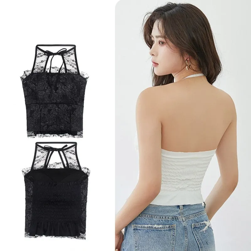 Wjczt Women Sexy Halter Crop Top Summer Lace up Sleeveless Camis Tops Female Casual Backless Tie Lacing Vest Solid Color Streetwear