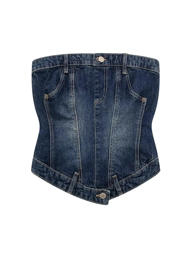 Woman Denim Corset Wrap Chest Tops Casual Backless Sleeveless Sexy Back Zipper Summer Causal Sling Tops