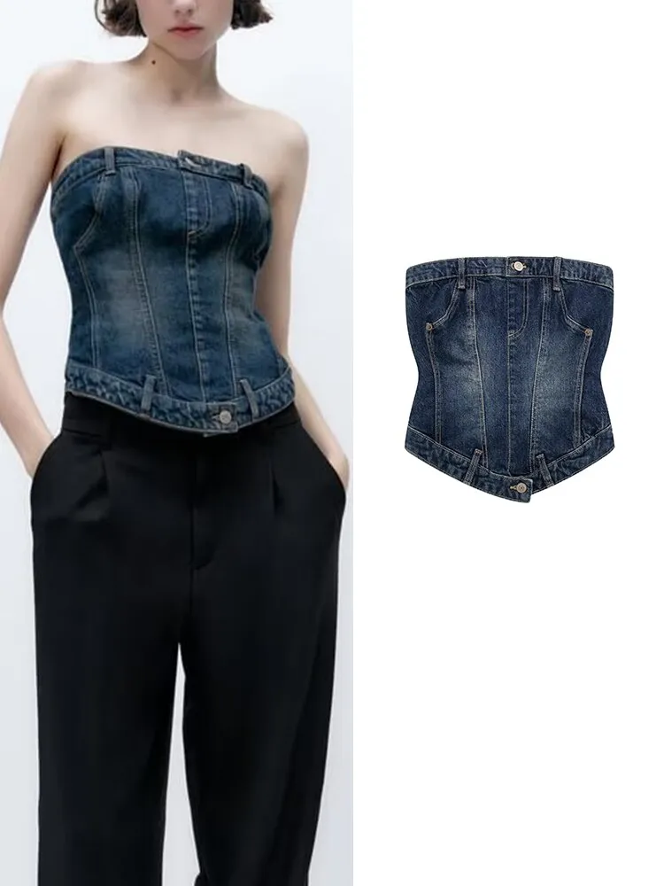 Woman Denim Corset Wrap Chest Tops Casual Backless Sleeveless Sexy Back Zipper Summer Causal Sling Tops