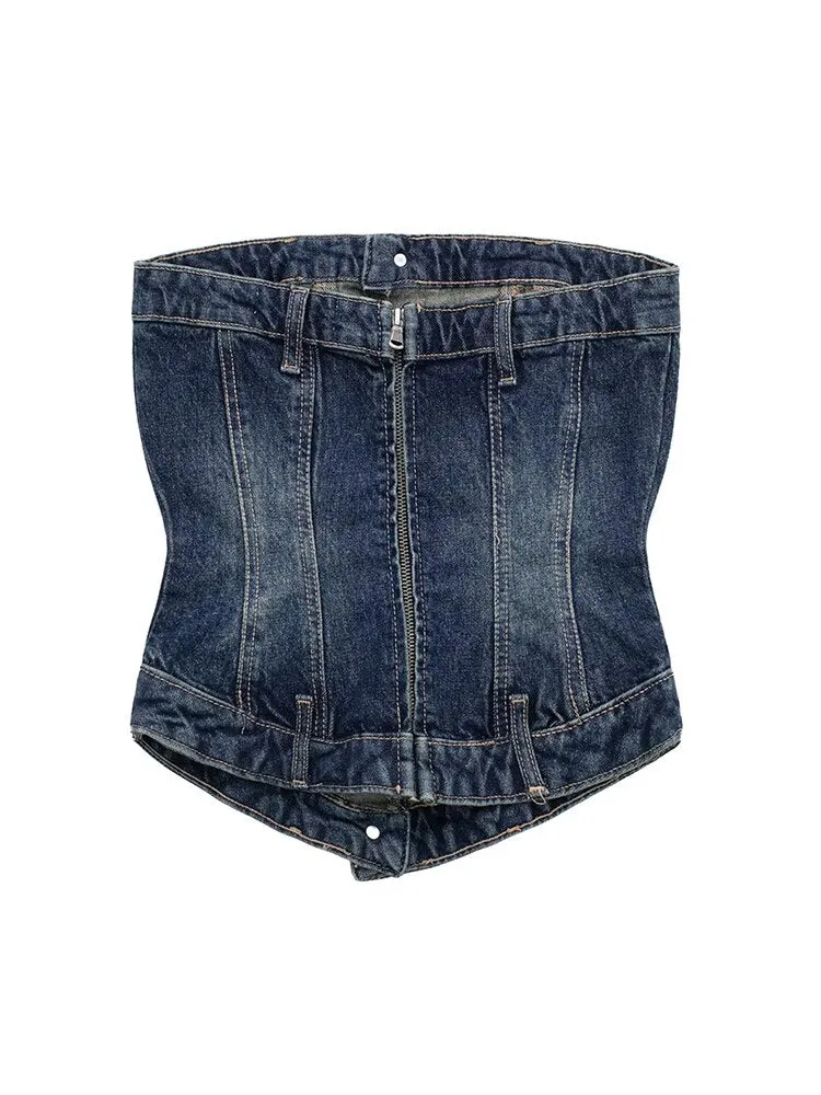 Woman Denim Corset Wrap Chest Tops Casual Backless Sleeveless Sexy Back Zipper Summer Causal Sling Tops