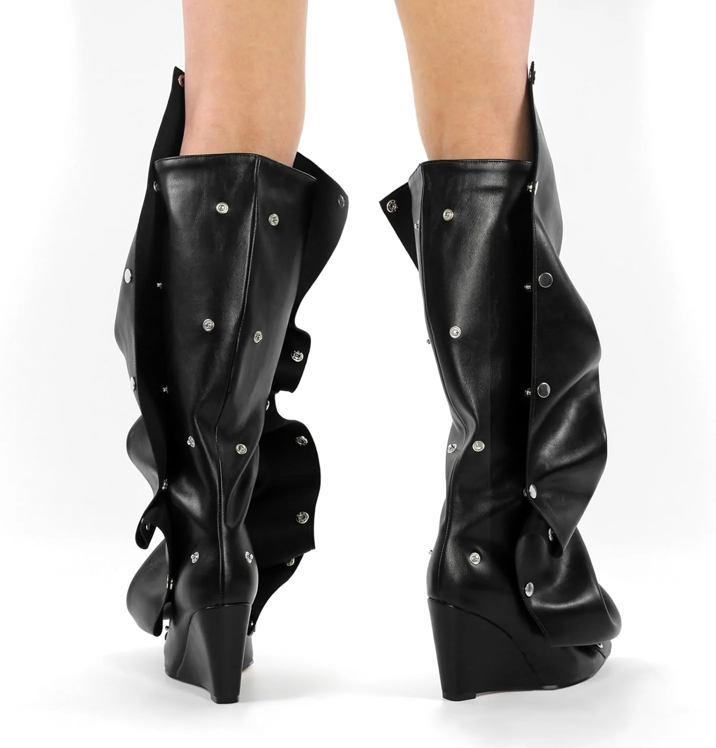Women's Wedge Heel Knee High Slouchy Foldover Buttons Boots