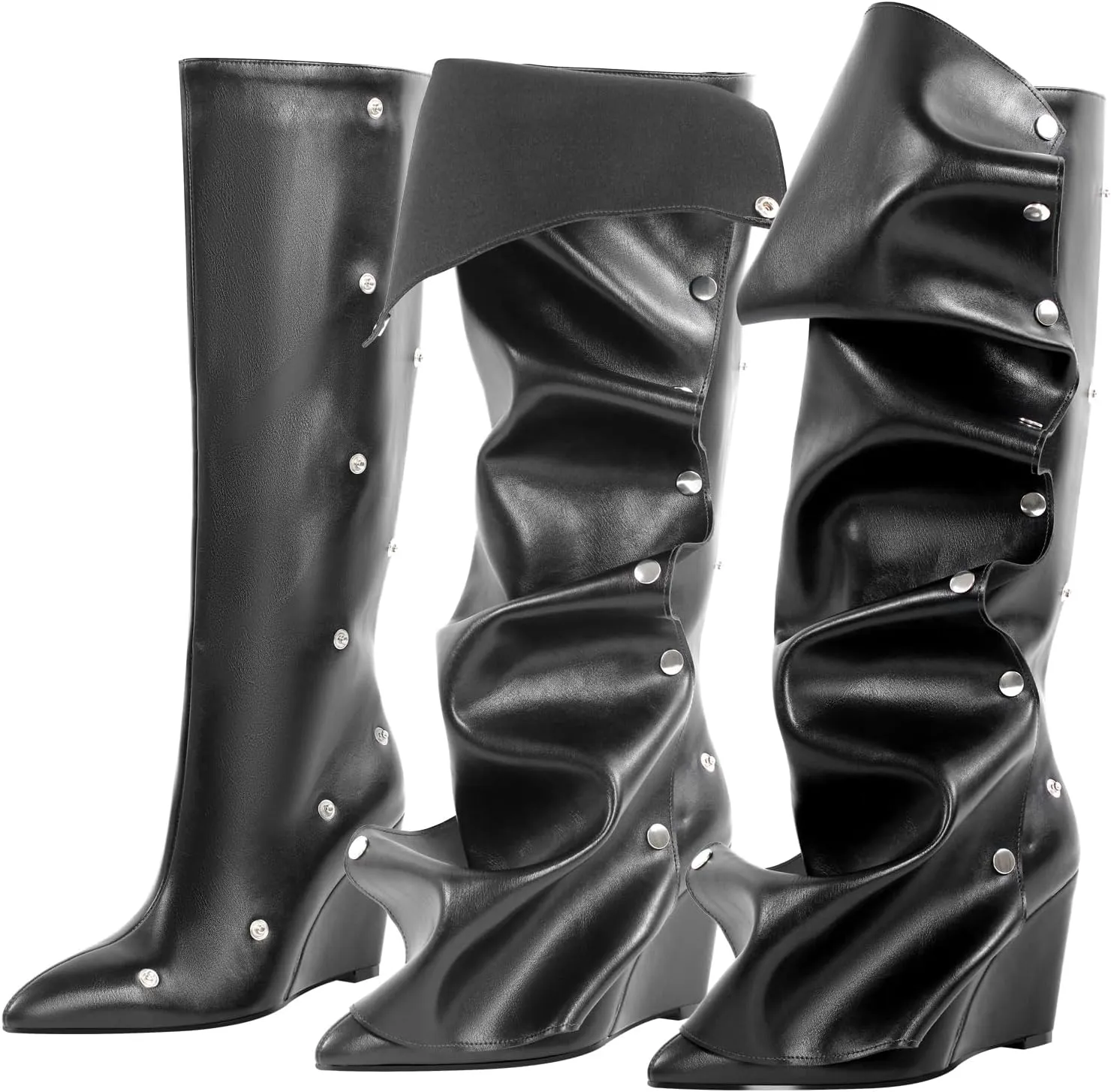 Women's Wedge Heel Knee High Slouchy Foldover Buttons Boots